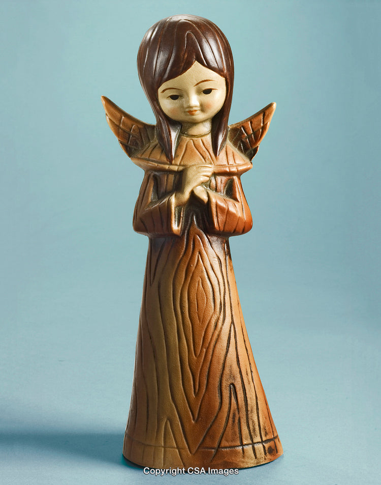 Handcrafted Wooden Angel Figurine with Natural Finish on Blue Background