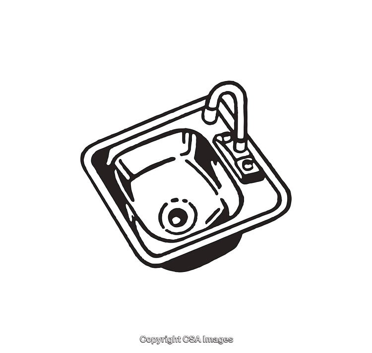 Black and White Line Art of a Kitchen Sink with Faucet Fixture