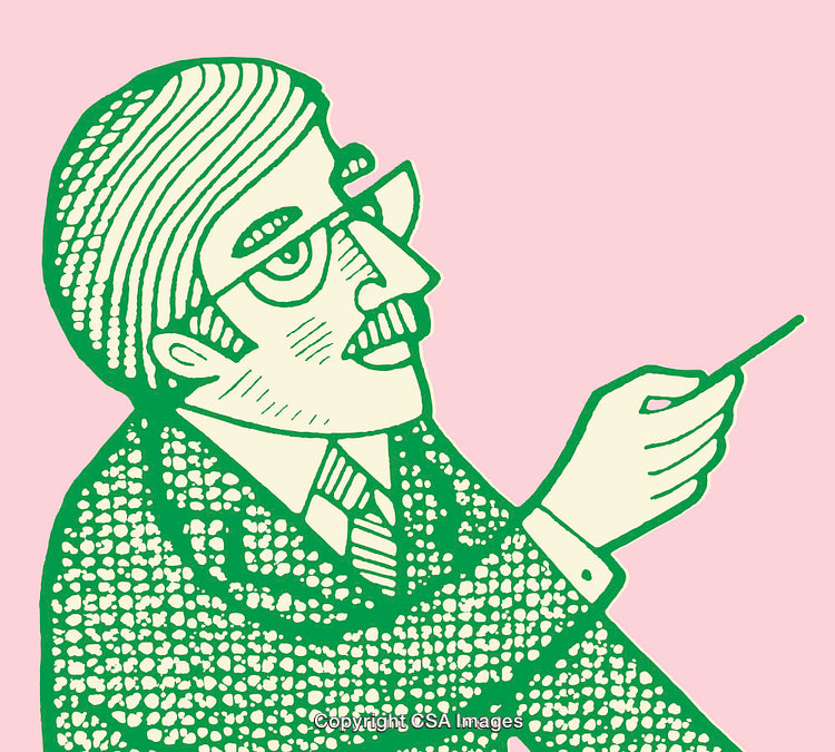 Retro Style Illustration of Man in Suit Holding Pointer on Pink Background