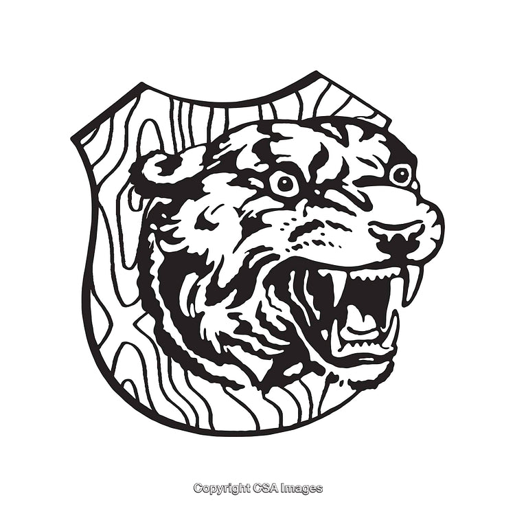 Detailed Black and White Line Art Tiger Shield Illustration