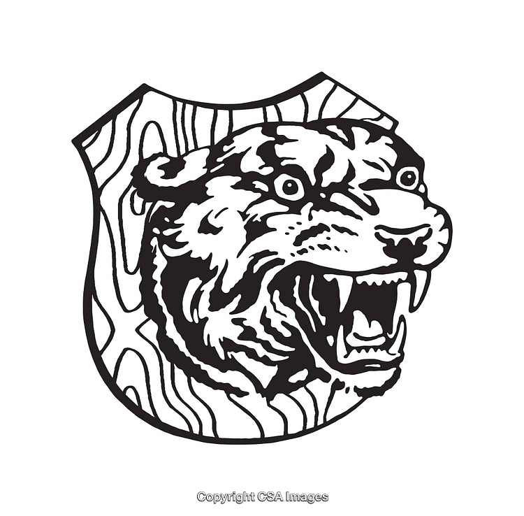 Detailed Black and White Line Art Tiger Shield Illustration