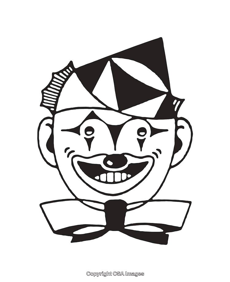 Black and White Line Art Illustration of a Happy Clown Character Design
