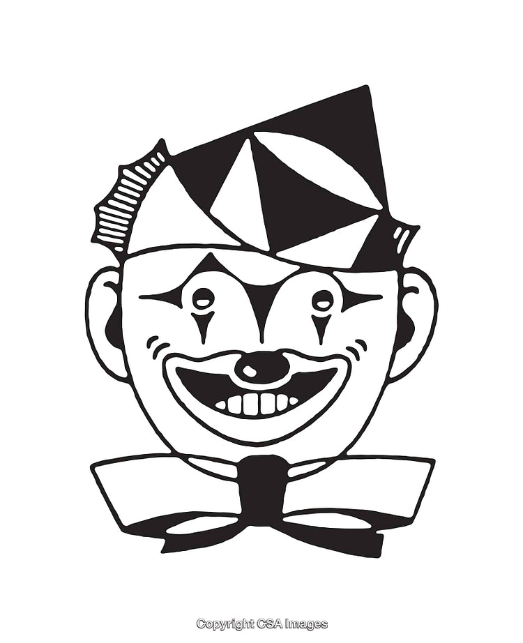 Black and White Line Art Illustration of a Happy Clown Character Design