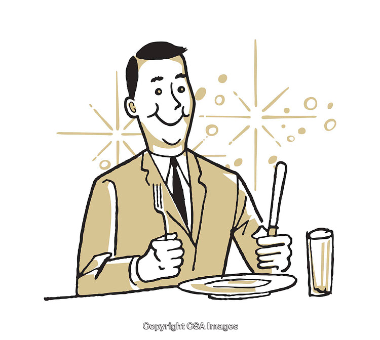 Retro Illustration of a Cheerful Man Dining with Utensils