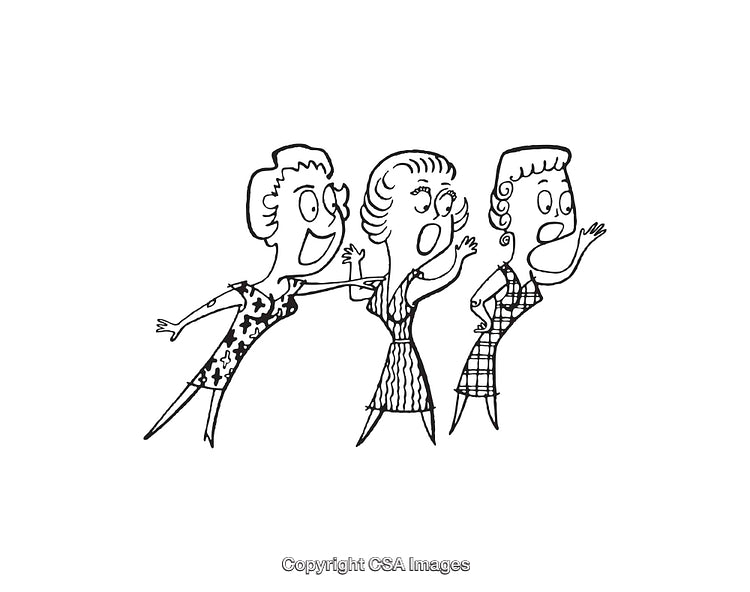 Black and White Illustration of Three Animated Women in Enthusiastic Expression
