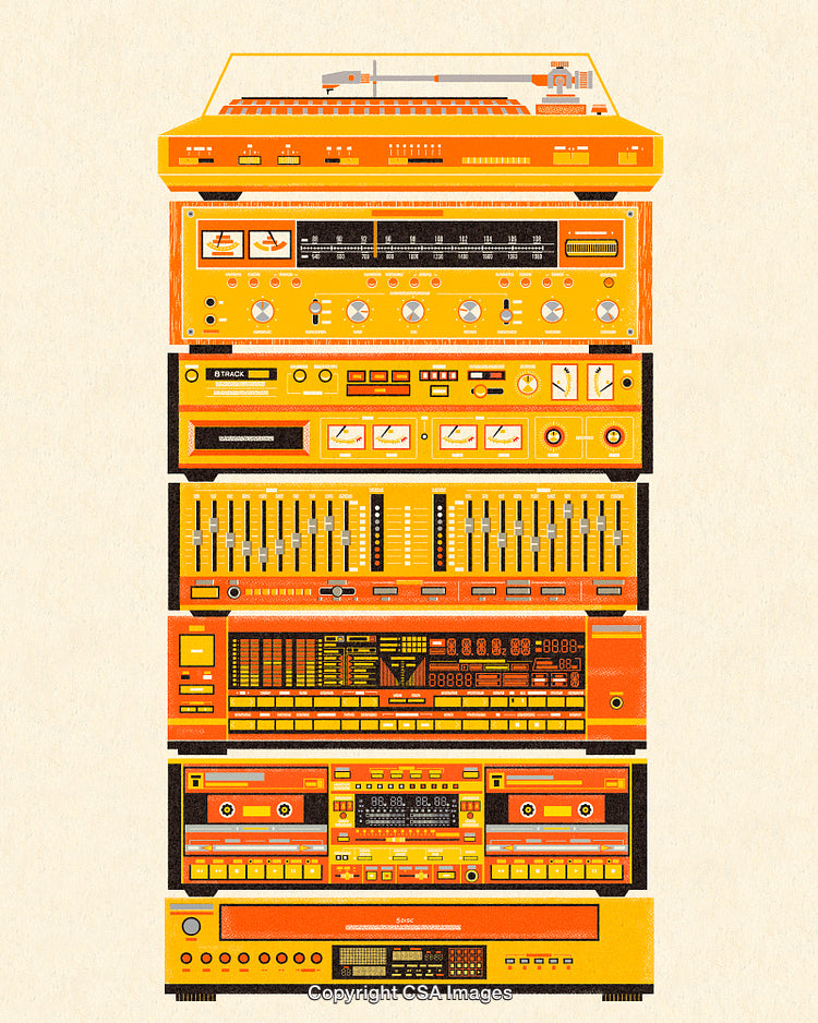 Stack of Vintage Audio Equipment Showcasing Retro Design in Vibrant Colors