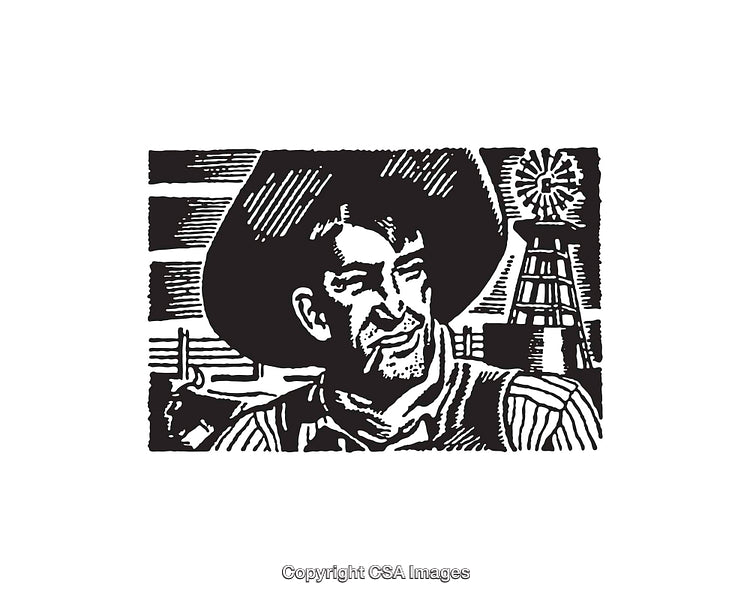 Rustic Cowboy Illustration Featuring Ranch Setting with Windmill and Hat