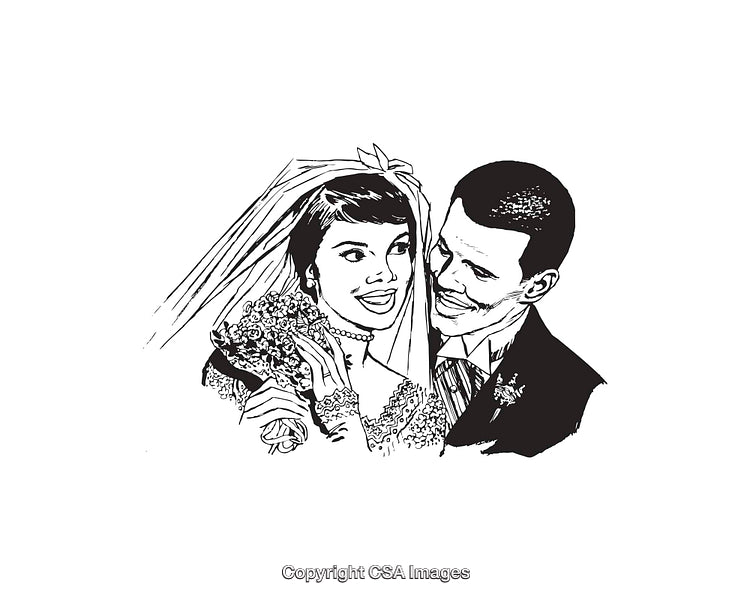 Retro Styled Black and White Illustration of a Bride and Groom Smiling
