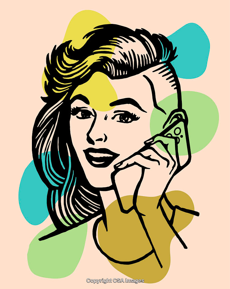 Colorful Line Art Illustration of Woman on Phone with Stylish Haircut