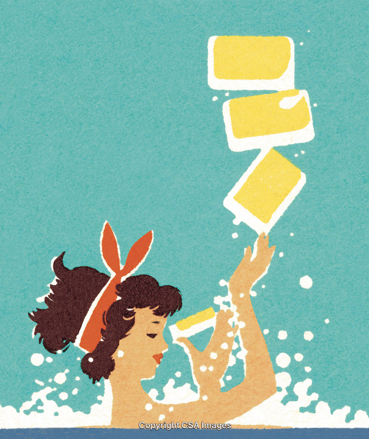 Retro Illustration of a Woman Enjoying Soap and Water in Vibrant Colors