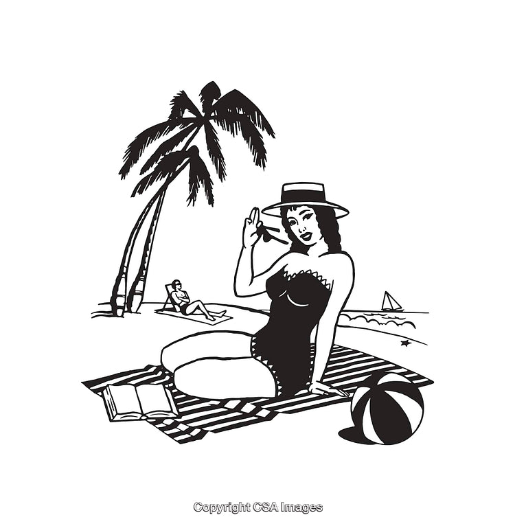 Retro Beach Scene in Black and White Line Illustration Art