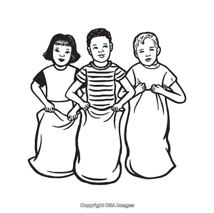 Three Children Enjoying a Sack Race in Black and White Line Art Style