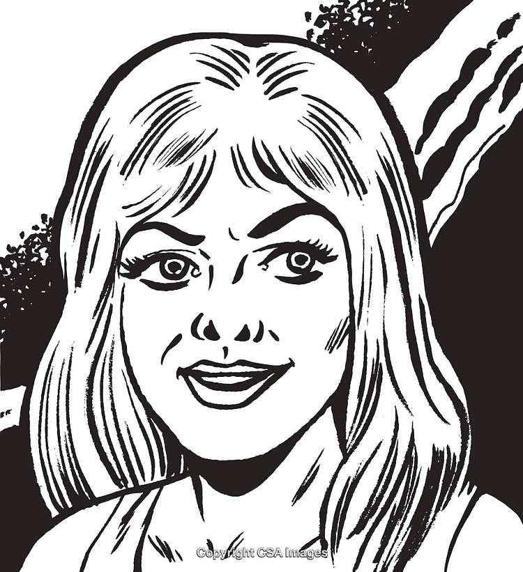 Black and White Drawing of a Smiling Woman with Bold Features and Shaded Details