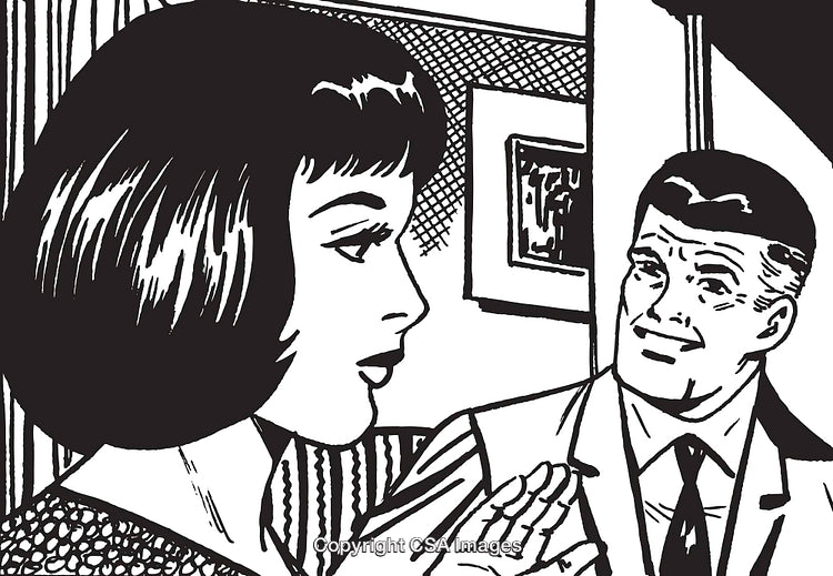 Vintage Black and White Illustration of Man and Woman in Discussion