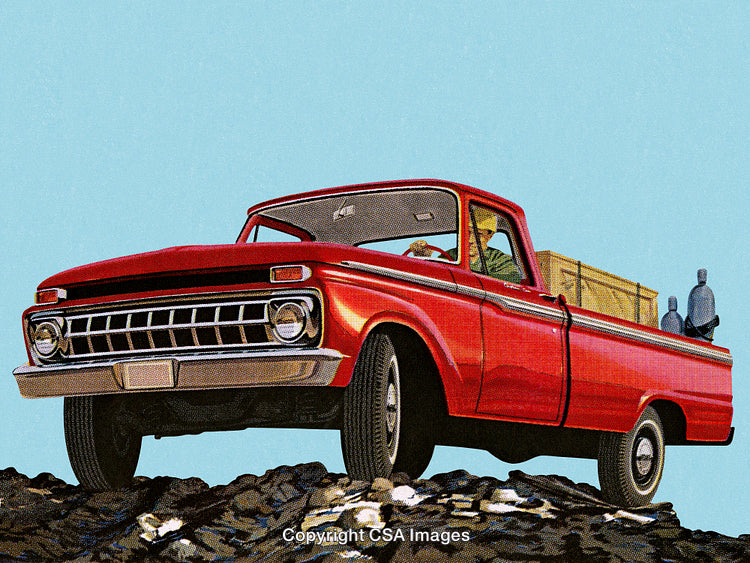 Vintage Red Pickup Truck on Rocky Ground With Retro Design Aesthetic