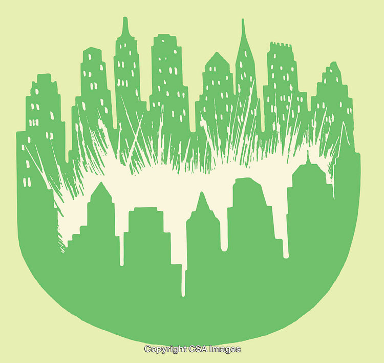 Creative Green Cityscape Silhouette with Animated Urban Design