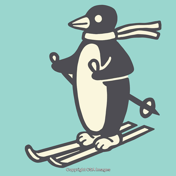 Penguin Illustration Featuring Winter Skiing Scene in Blue Background