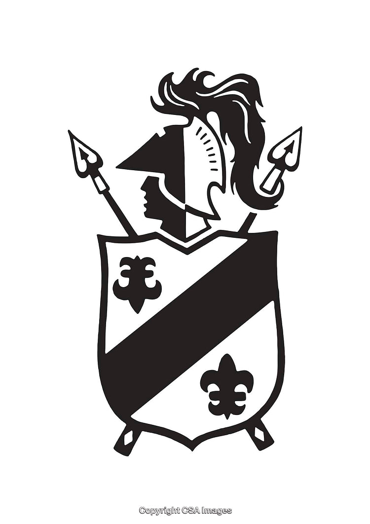 Black and White Heraldic Crest with Knight Helmet and Shaped Shield