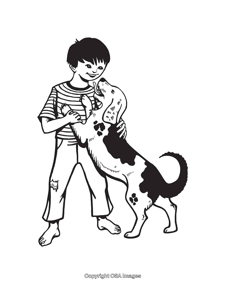 Young Boy Playing With a Dog, Line Art Illustration