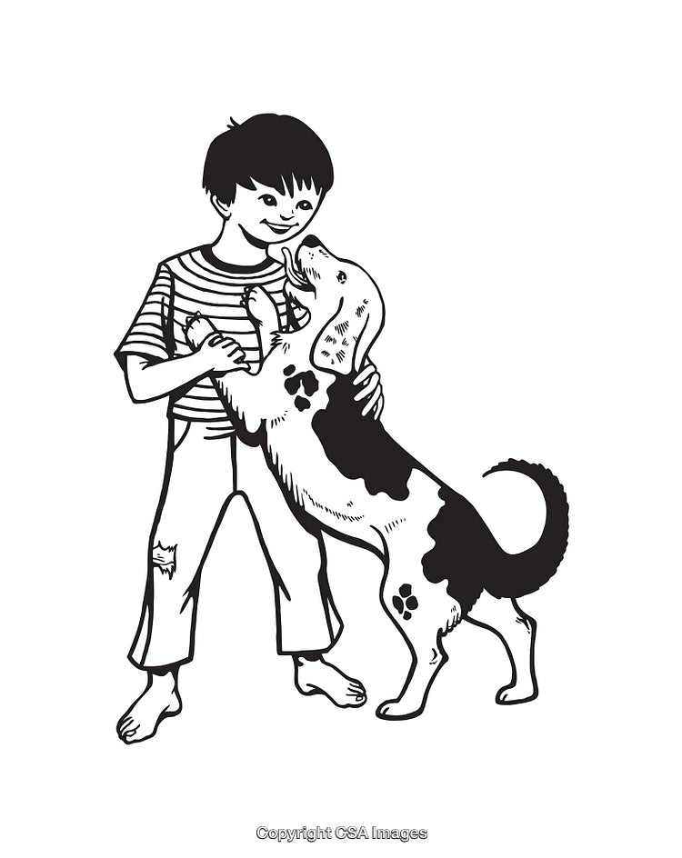 Young Boy Playing With a Dog, Line Art Illustration