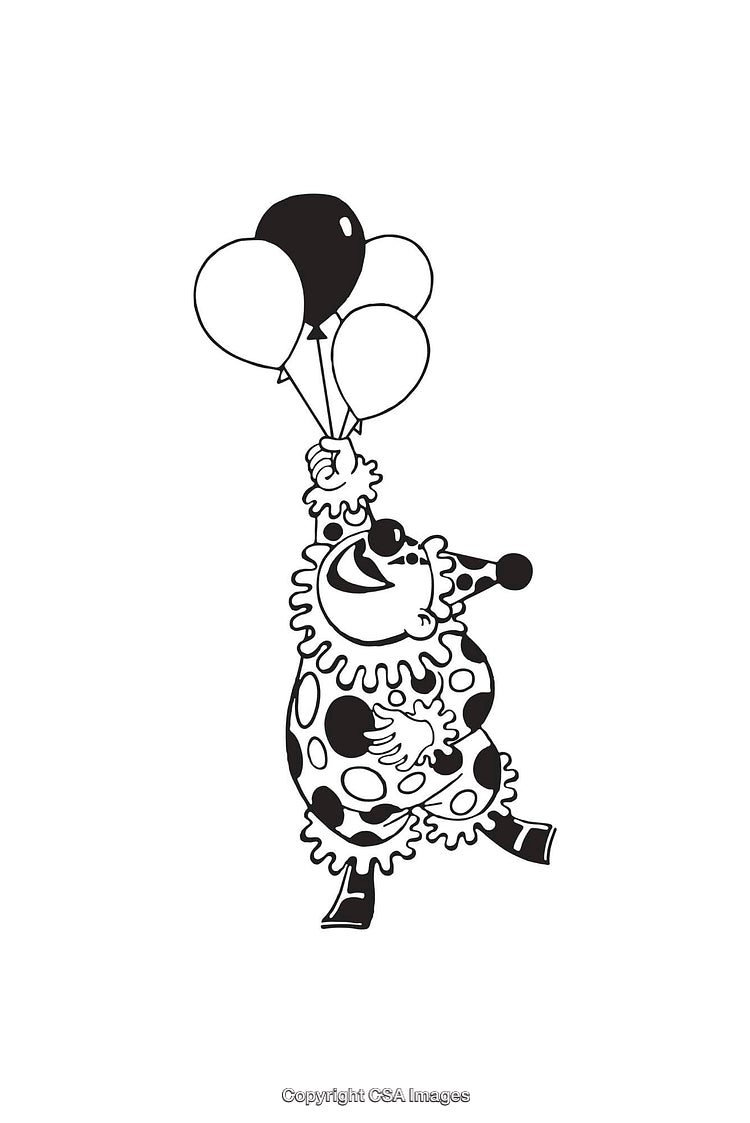 Black and White Clown Illustration Holding Balloons