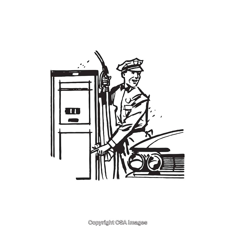 Retro Gas Station Attendant Fueling a Vintage Car in Line Art Style