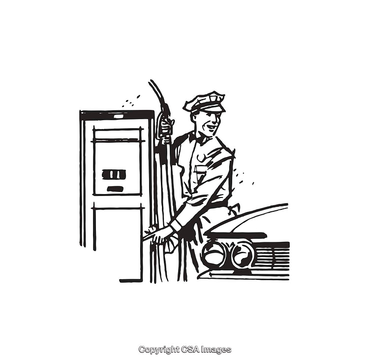Retro Gas Station Attendant Fueling a Vintage Car in Line Art Style