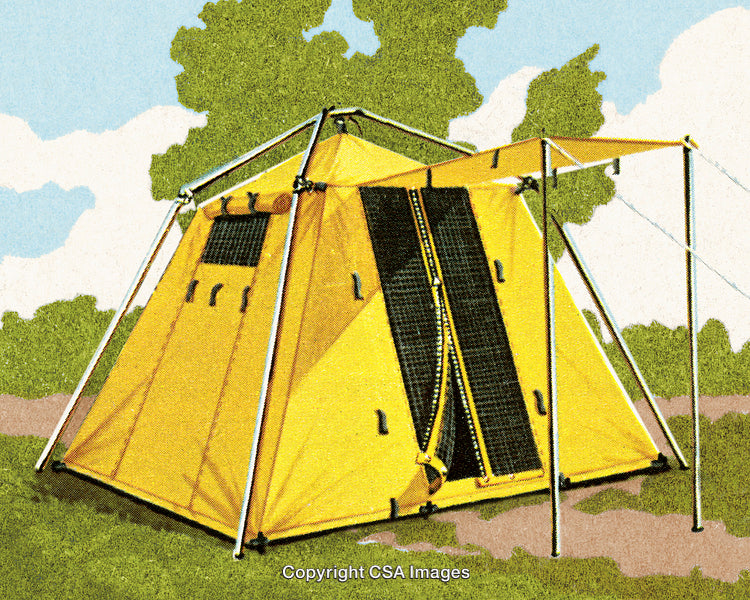 Yellow Tent Erected Outdoors in a Serene Forested Landscape Under Blue Skies