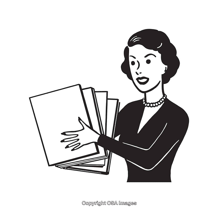 Retro Woman Holding Documents in Monochromatic Line Art Style