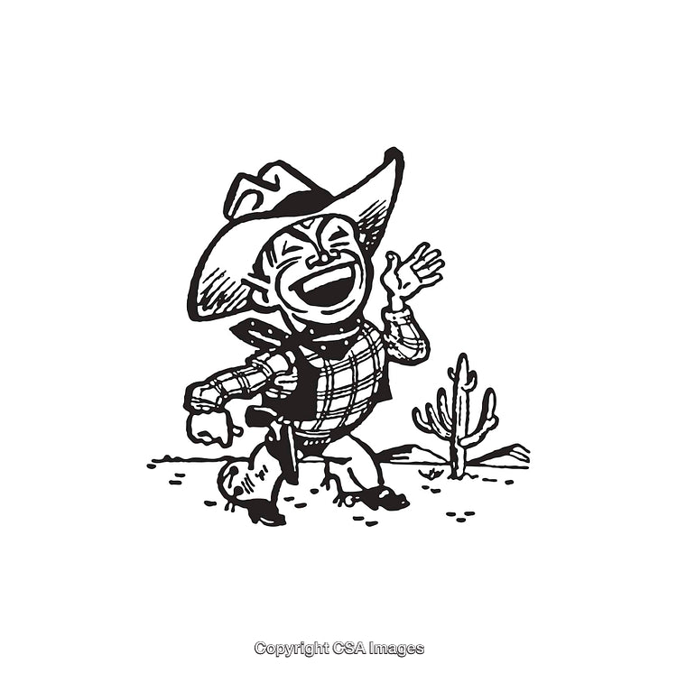 Cheerful Cowboy Illustration in Black and White Line Art Style