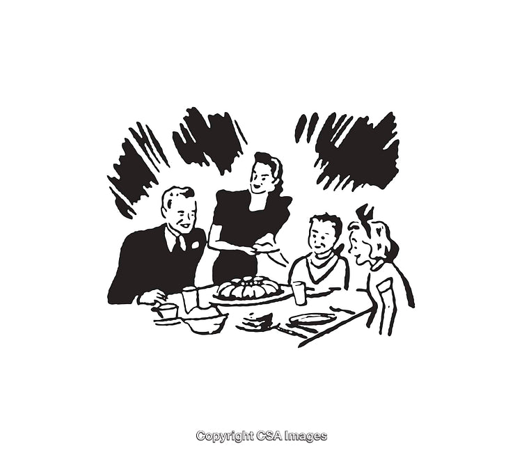 Black And White Line Art of a Happy Family Sharing a Meal