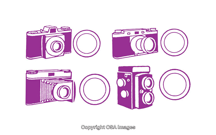 Collection of Stylized Camera Illustrations in Vibrant Purple Tones