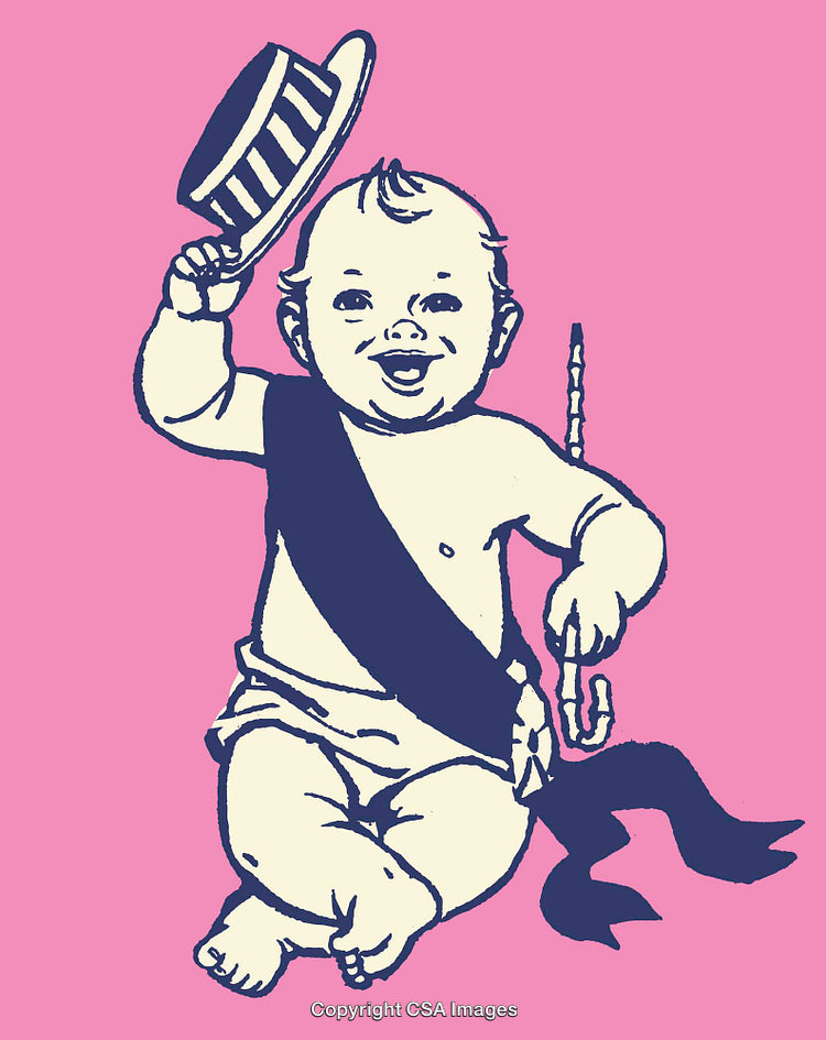 Retro Illustration of Baby with Hat and Sash on Pink Background