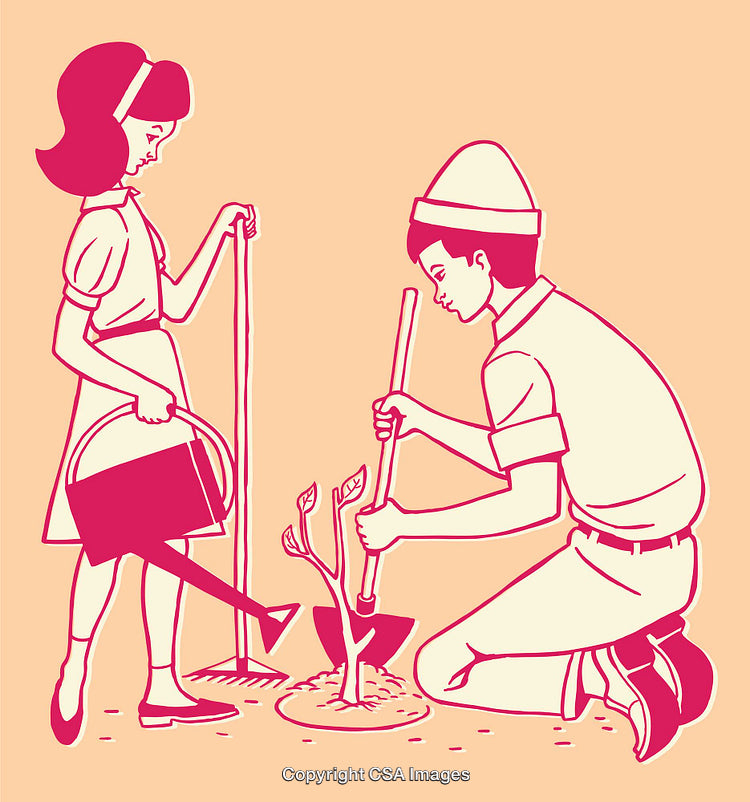 Children Planting Tree Together in Retro Style Illustration