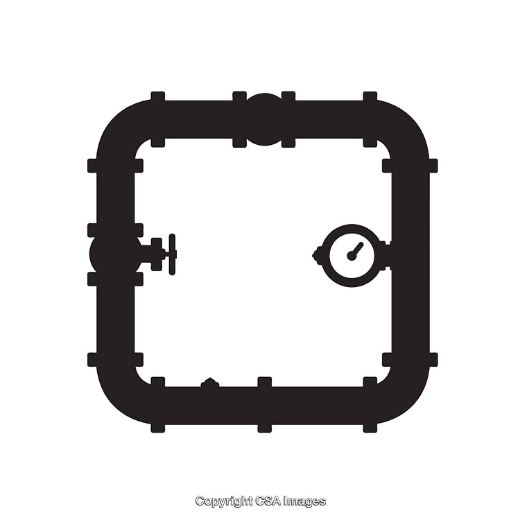 Black and White Industrial Pipework Illustration with Gauge and Valve Design