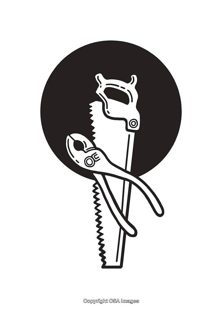 Black and White Line Art of Hand Tools Against Circular Background