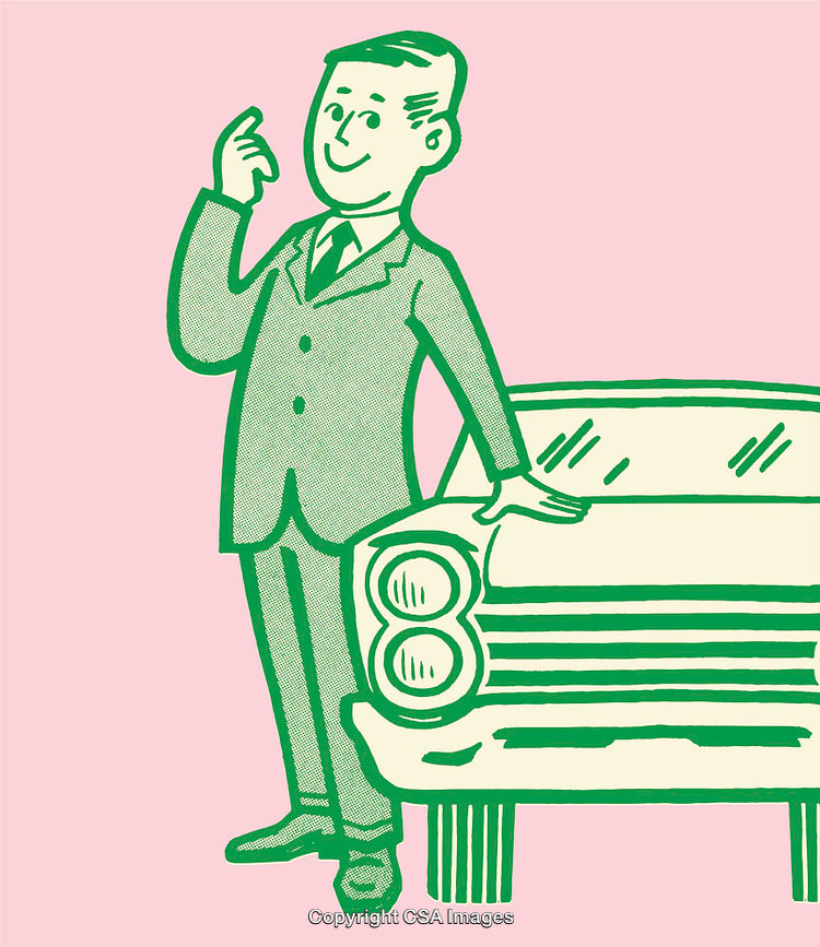 Illustration of a Businessman Standing Beside a Vintage Car