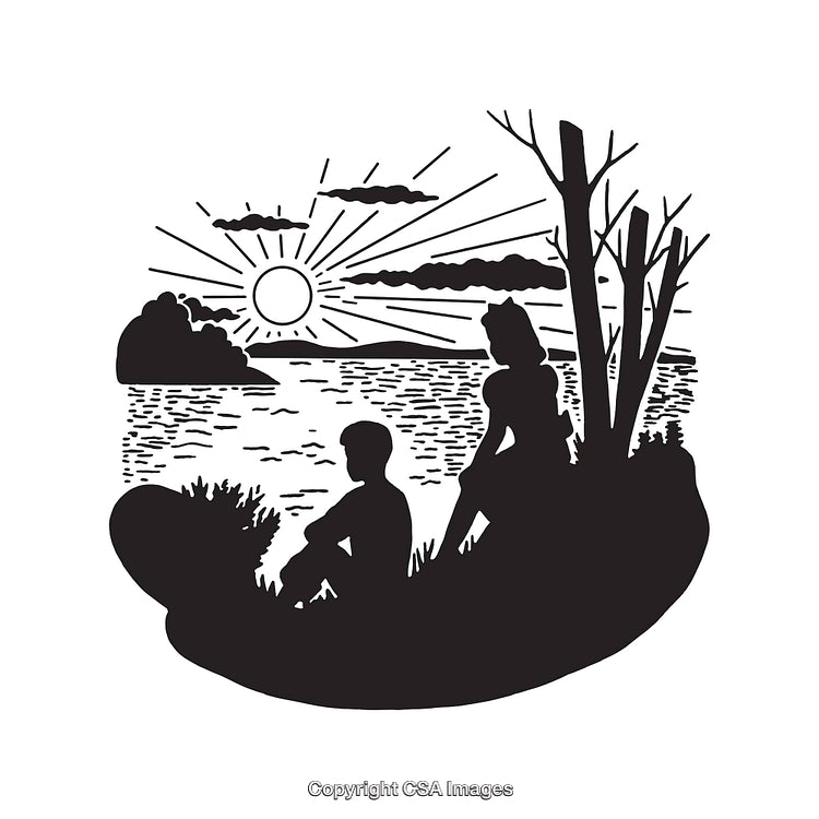 Black and White Silhouette of a Couple by a Sunset Lake