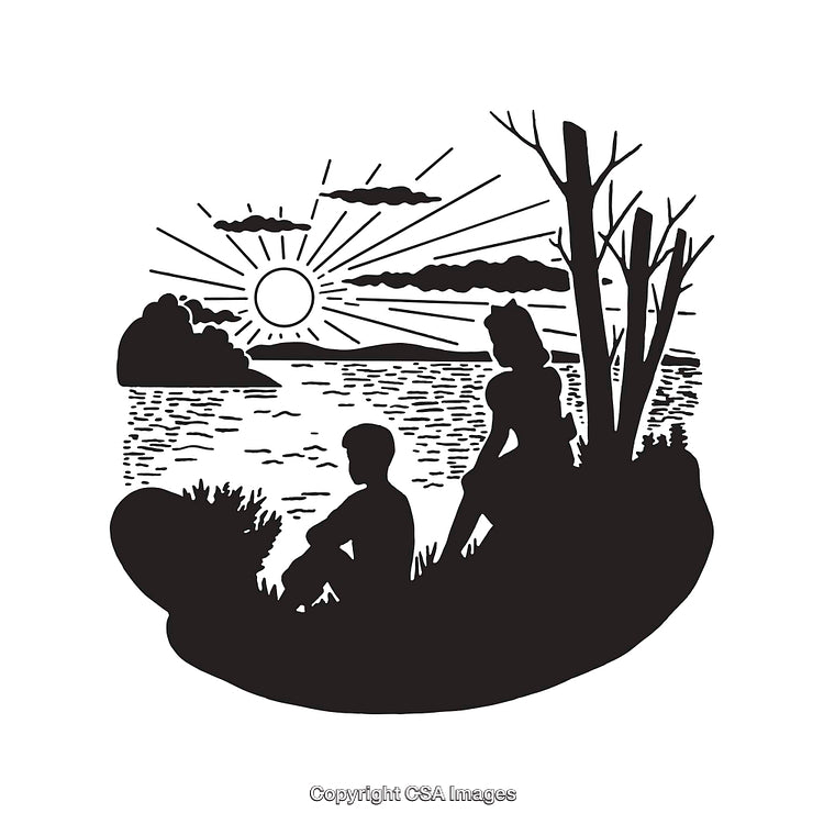 Black and White Silhouette of a Couple by a Sunset Lake
