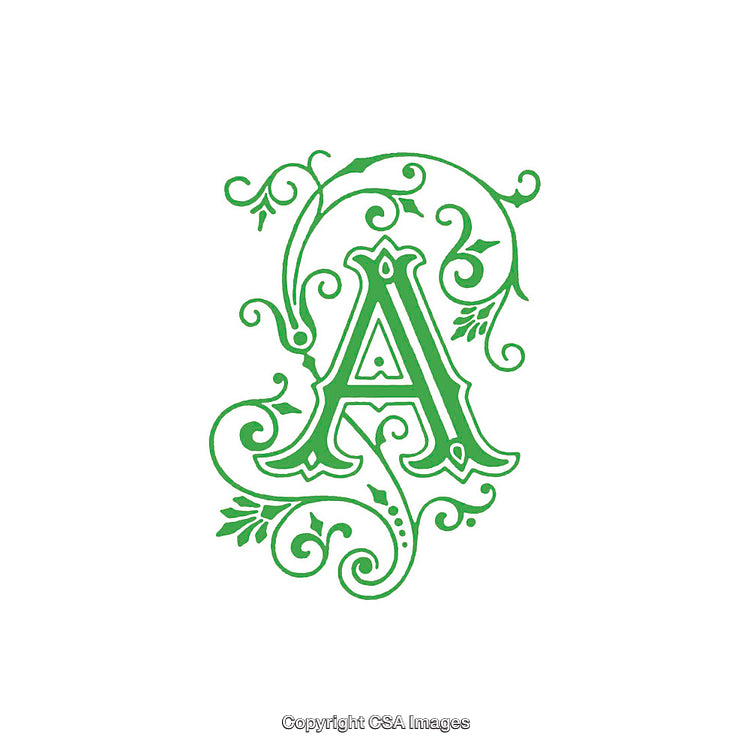 Elegant Green Letter A with Decorative Flourishes and Leaves Design