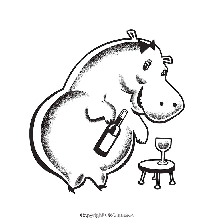 Playful Hippopotamus Line Art Illustration with Wine and Glass