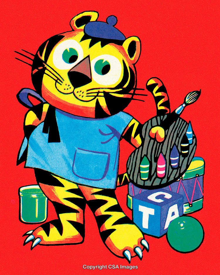 Illustration of a Creative Tiger with Art Supplies on a Bright Background