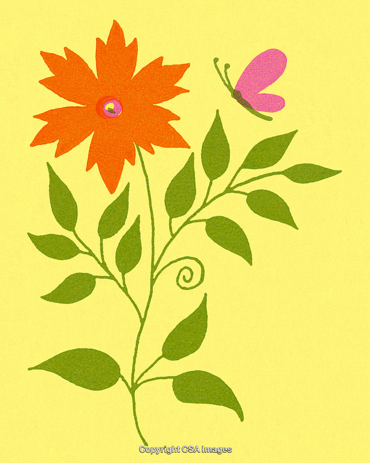 Colorful Flower and Butterfly Illustration with Leafy Details on Yellow Background