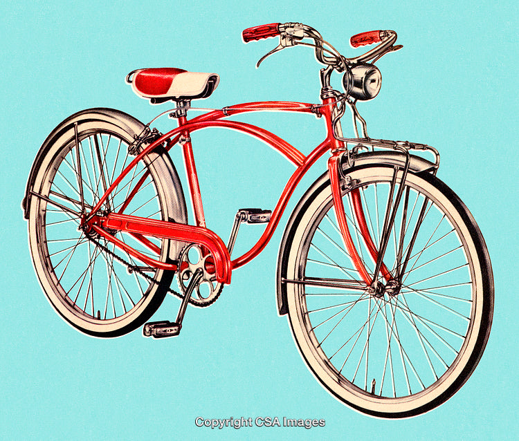 Retro Red Bicycle with White Tires on a Minimalist Aqua Background