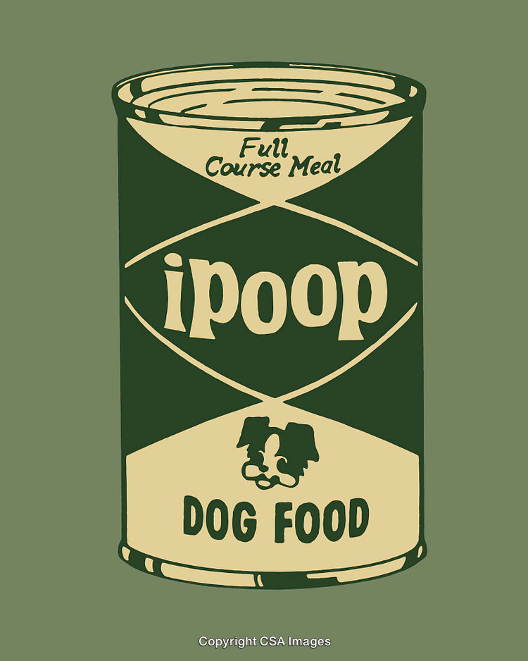 Humorous Illustration of Dog Food Can with Satirical Label Design
