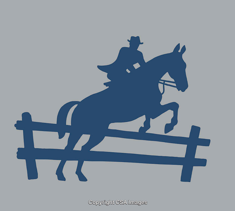 Silhouette Horse and Rider Jumping Fence in Equestrian Illustration