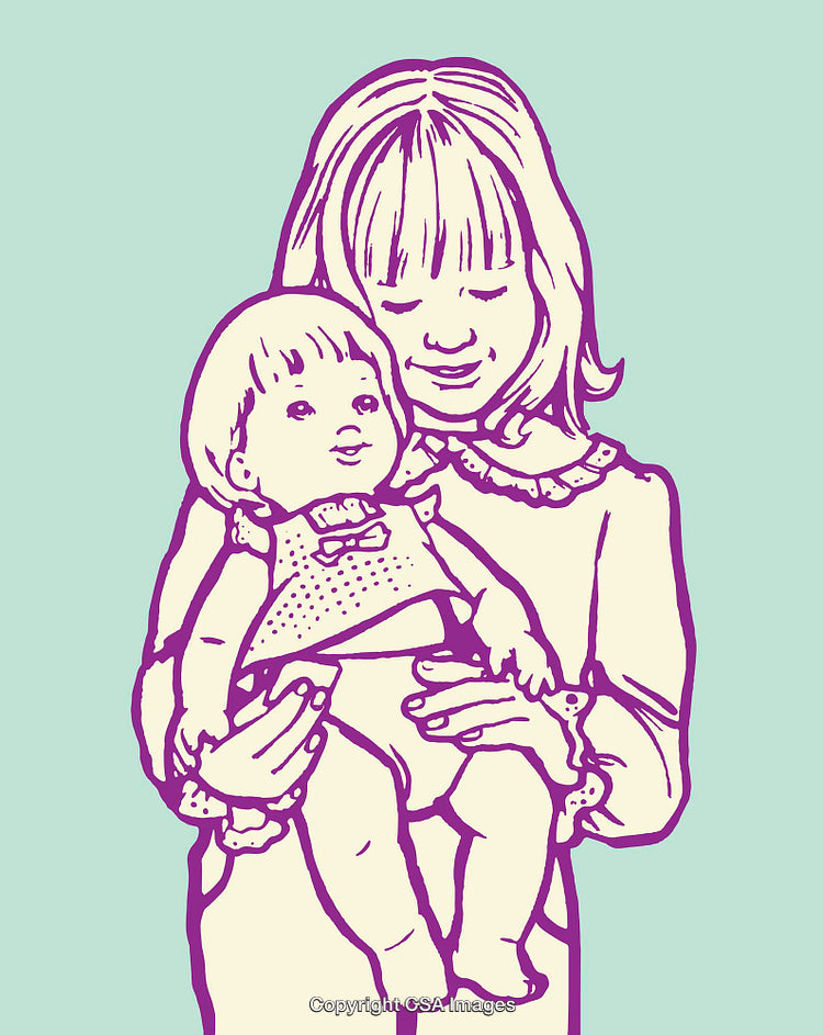 Illustration of a Girl Holding a Baby in a Caring Pose