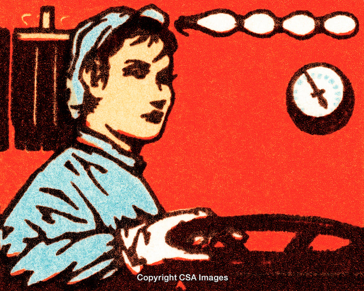 Retro Illustration of a Woman Operating Machinery in a Vibrant Setting