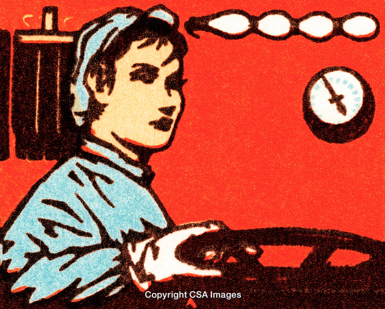 Retro Illustration of a Woman Operating Machinery in a Vibrant Setting