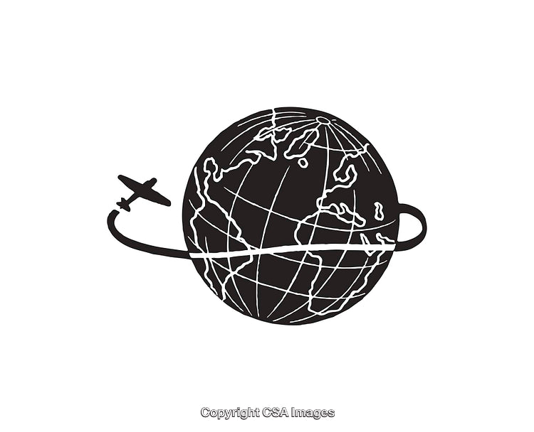 Black and White Airplane Flying Around the Globe Illustration